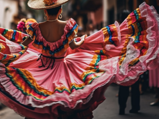 Woman in a beautiful typical Colombian traditonal hand made dress